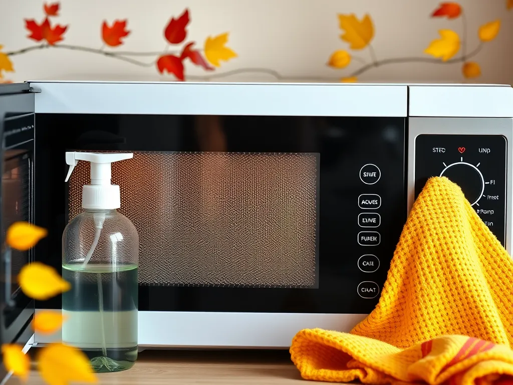 Microwave with spray bottle and cloth, demonstrating a spill fix with rice.