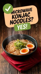 A bowl of ramen made with konjac noodles, featuring green onions and soft boiled eggs, illustrating the question of microwaving konjac noodles.