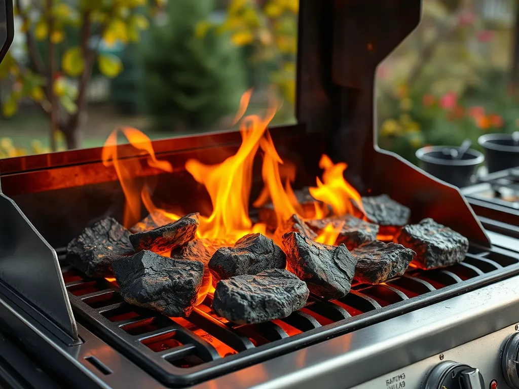 Lava rocks heating on a grill with flames, related to microwaving for reheating.