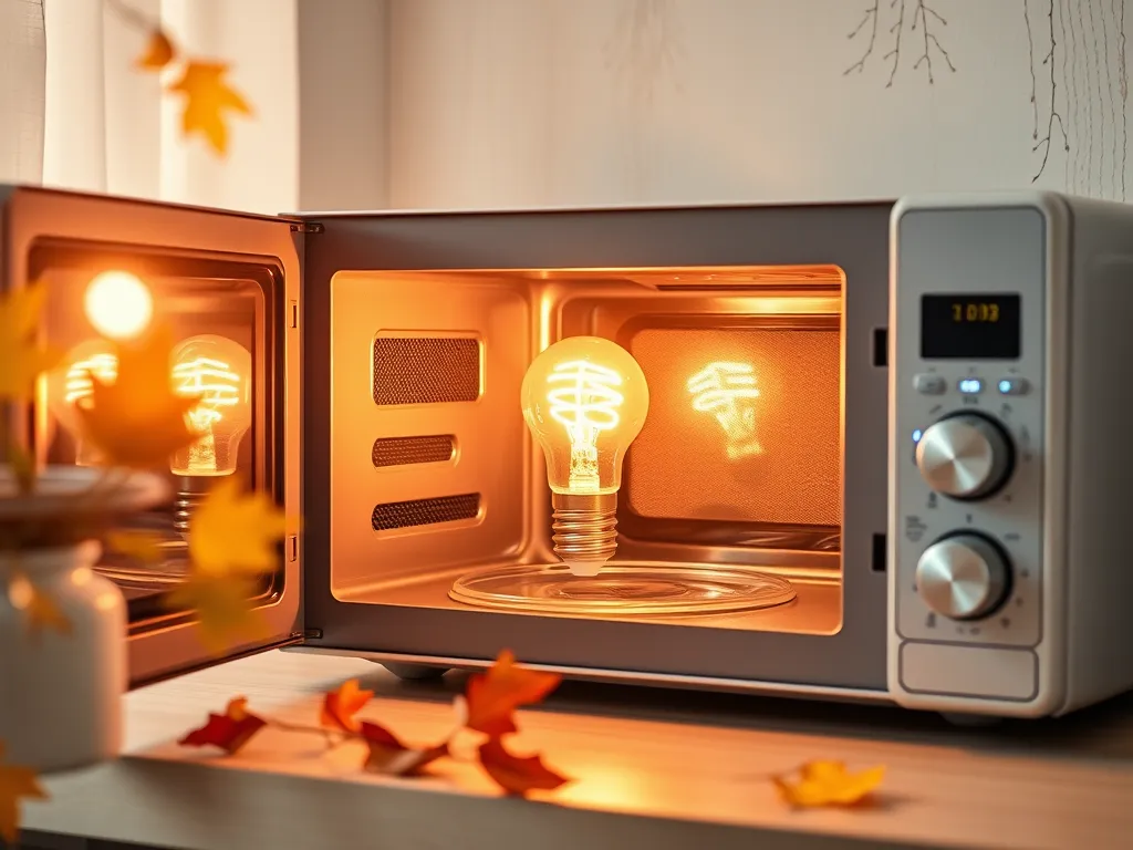 Image of a microwave with an LED bulb illustrating energy-saving conversion