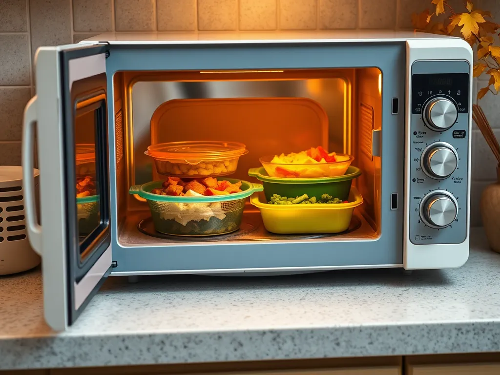 Microwave with containers holding leftovers, showcasing the $1 tool for easy reheating.