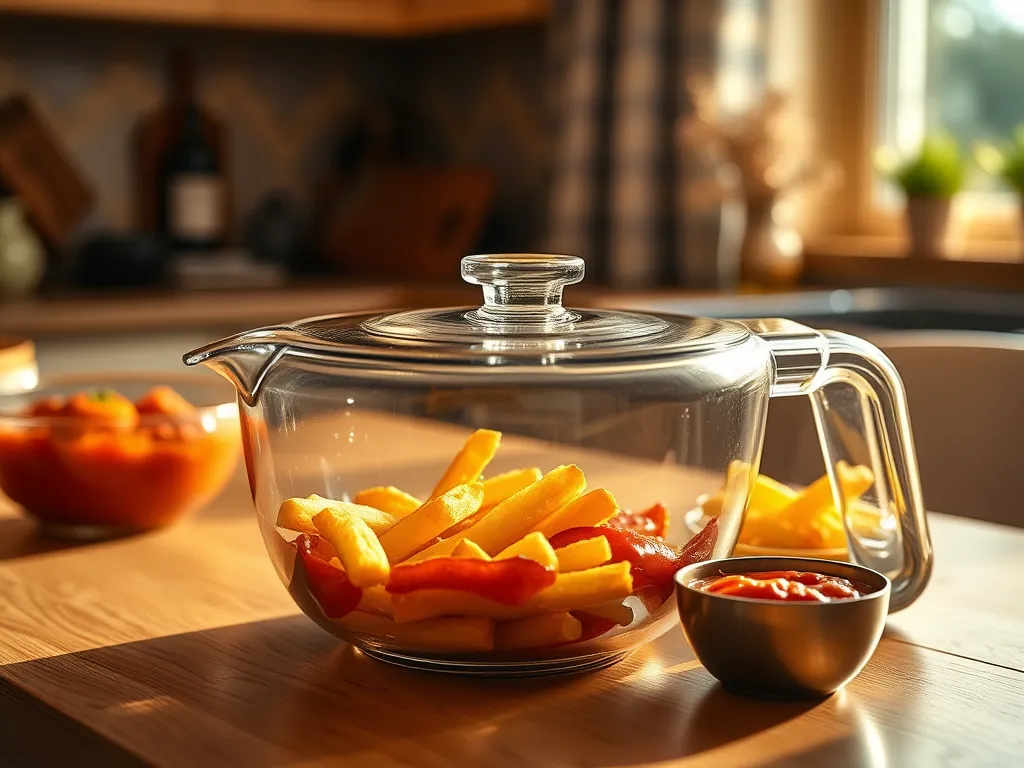 Clear microwave container with leftover fries and sauce for easy reheating