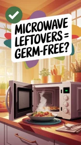 A microwave with leftovers to emphasize how microwaving can kill germs in food.