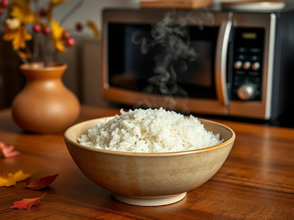 Steaming bowl of rice ready for microwaving to kill germs in leftovers.