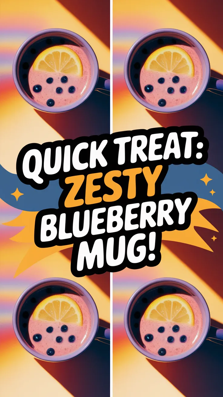 Delicious microwave lemon blueberry mug topped with lemon slices and blueberries.