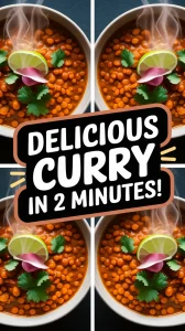 A delicious bowl of lentil curry prepared in the microwave in just 2 minutes, featuring spices, lentils, and garnishes.