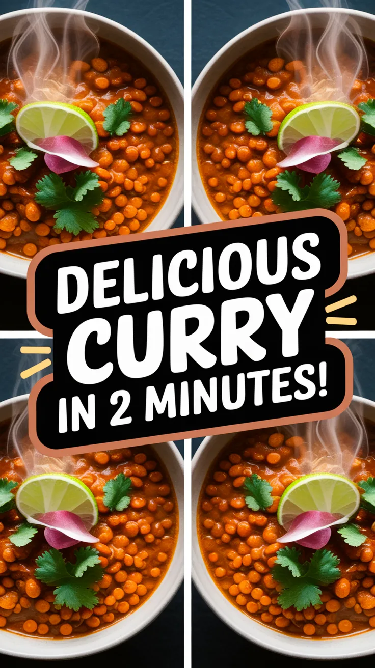 A delicious bowl of lentil curry prepared in the microwave in just 2 minutes, featuring spices, lentils, and garnishes.