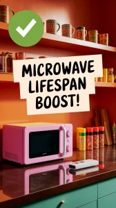 A pink microwave on a countertop showcasing tips for extending microwave lifespan with a voltage stabilizer.
