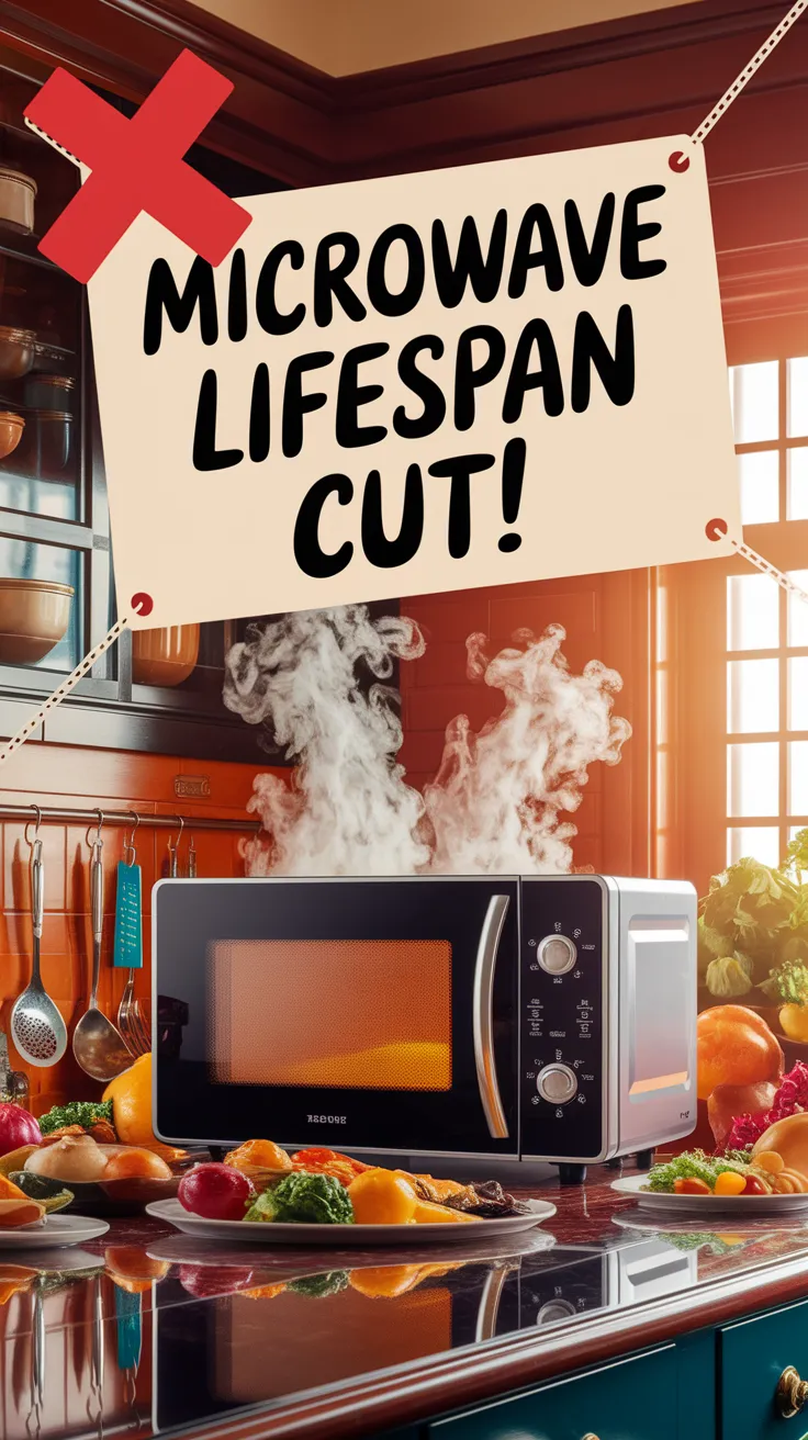Microwave emitting steam, highlighting the overheating mistake that can halve its lifespan.