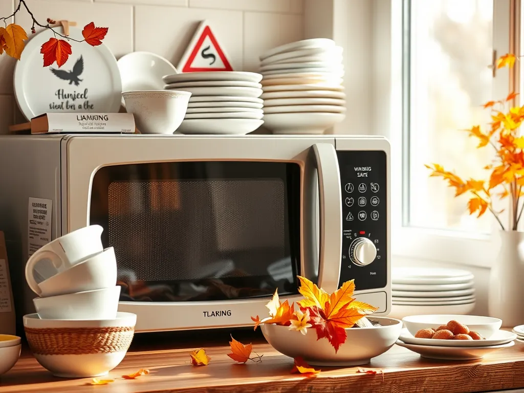 Microwave in a kitchen setting with autumn decor, illustrating common overheating mistakes that affect microwave lifespan.