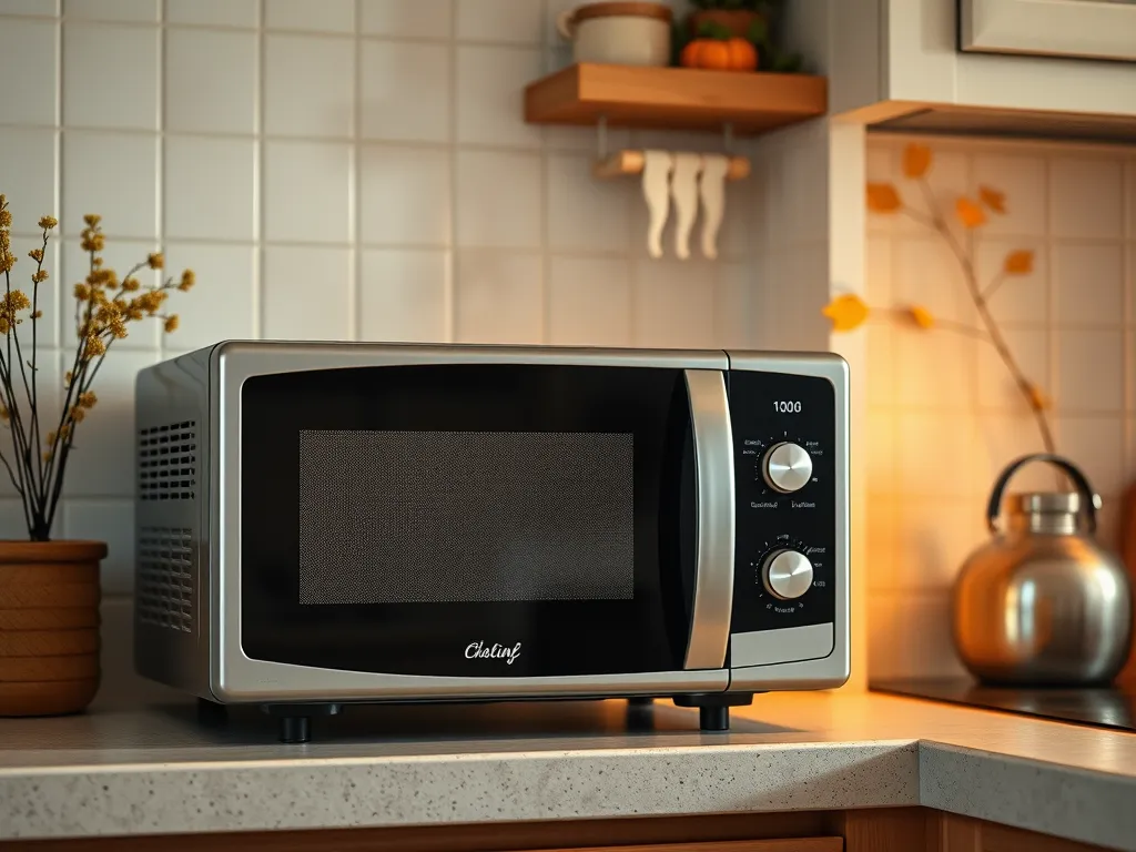 A modern microwave in a kitchen setting, highlighting its potential lifespan extension with a voltage stabilizer.