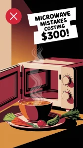 Illustration of a microwave with steaming soup, highlighting microwave mistakes that can cost $300.