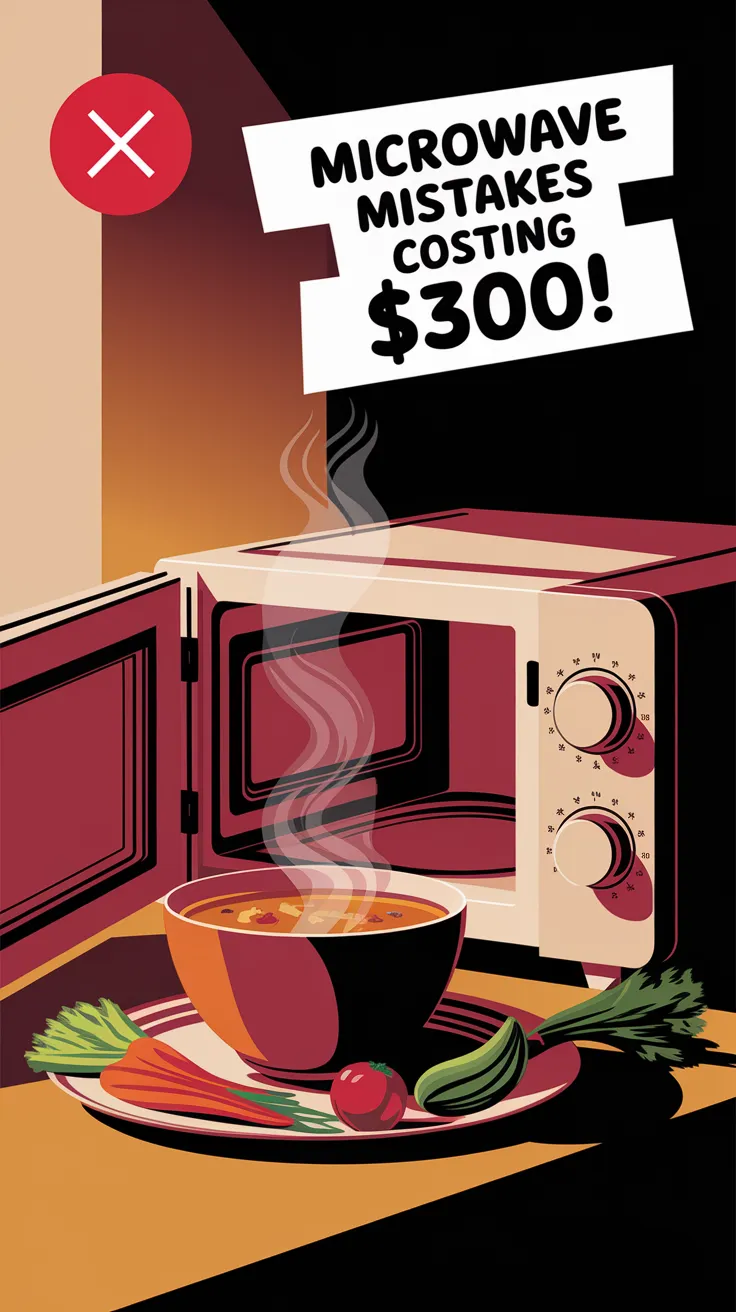 Illustration of a microwave with steaming soup, highlighting microwave mistakes that can cost $300.