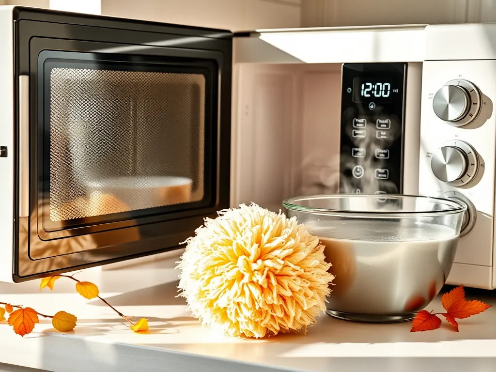 Luffa sponge inside a microwave for cleaning purposes