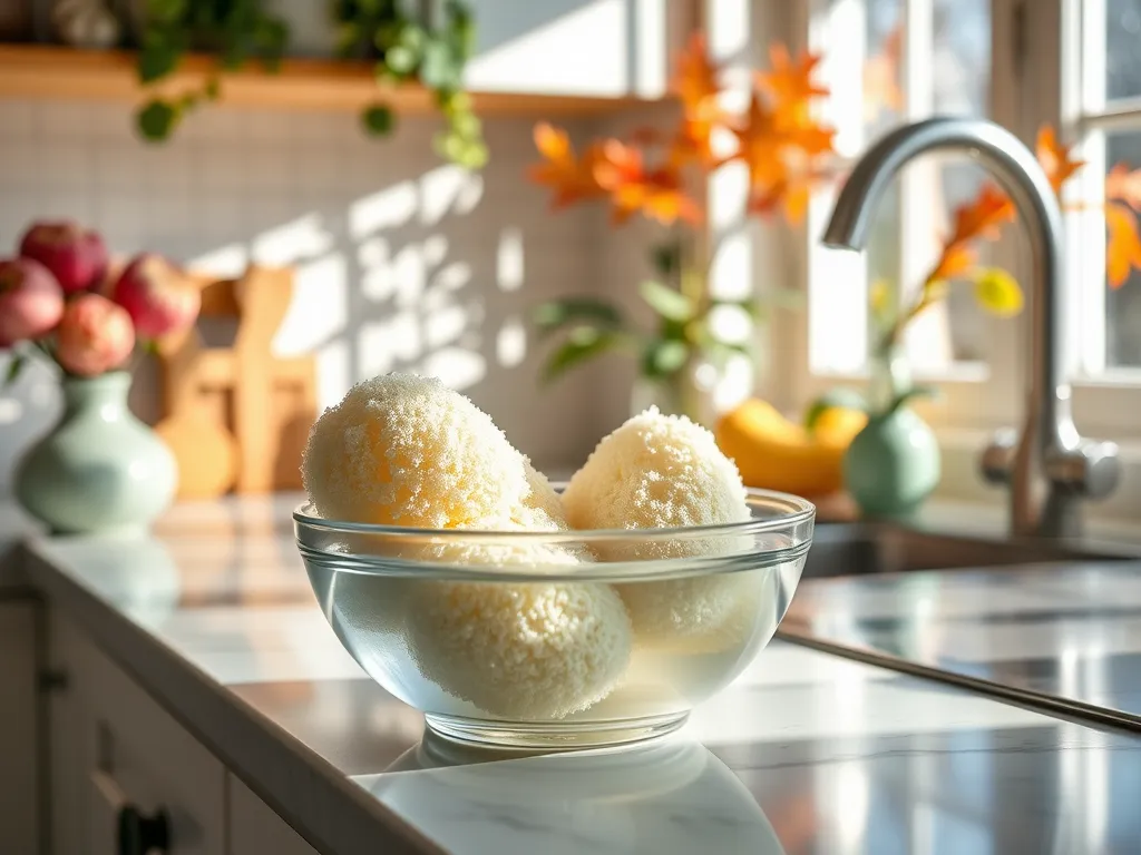 Clean luffa sponges in a bowl ready for microwaving for cleaning purposes
