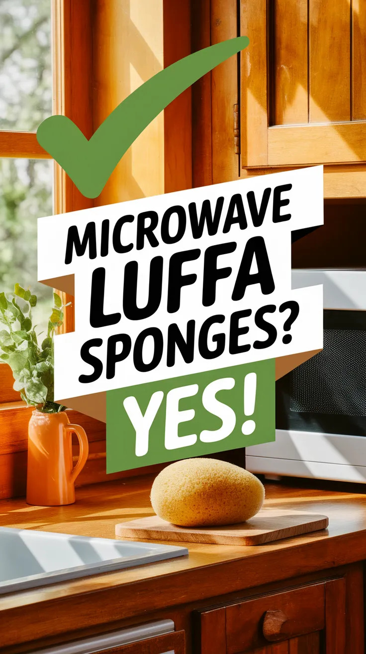 Luffa sponge on a kitchen counter with a microwave and a plant, related to microwaving luffa sponges for cleaning.