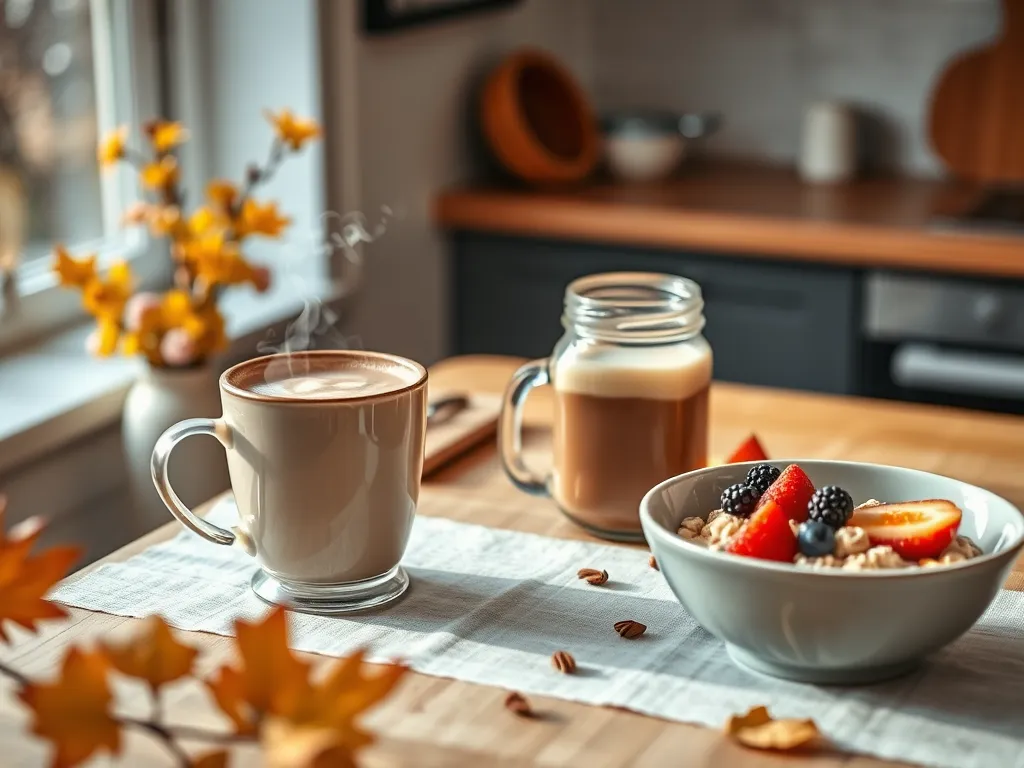 A cozy kitchen scene featuring a cup of coffee, oatmeal with fruits, and maca powder, highlighting its use in recipes.