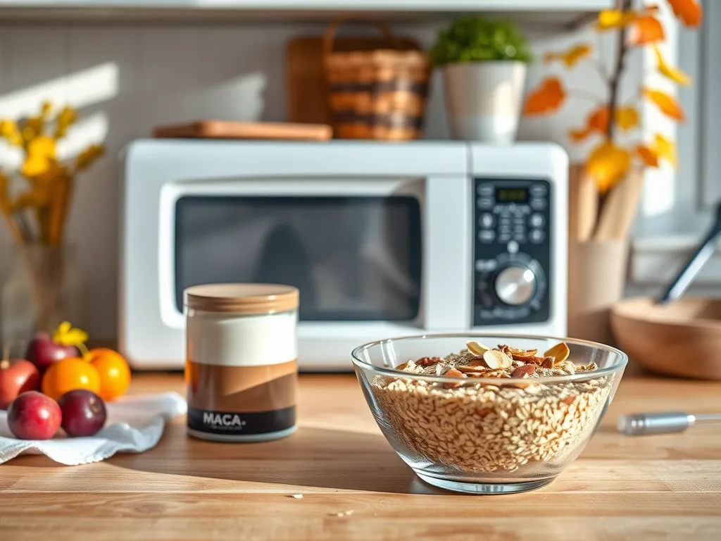 A bowl of oats and maca powder with a microwave in the background, relevant for Can You Microwave Maca Powder for Recipes.