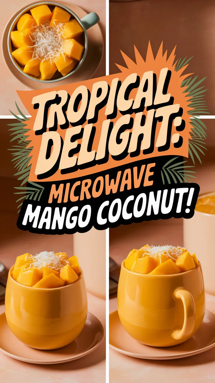 Delicious microwave mango coconut mug topped with fresh mango and coconut flakes.