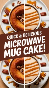 Delicious microwave maple pecan mug cake topped with caramel and pecans