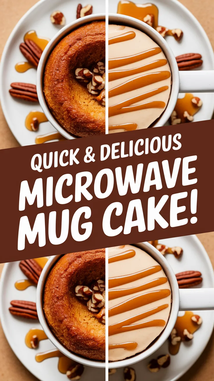 Delicious microwave maple pecan mug cake topped with caramel and pecans