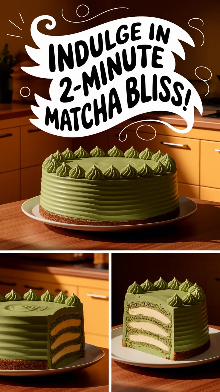 A delicious microwave matcha latte cake with vibrant green frosting and soft layers.
