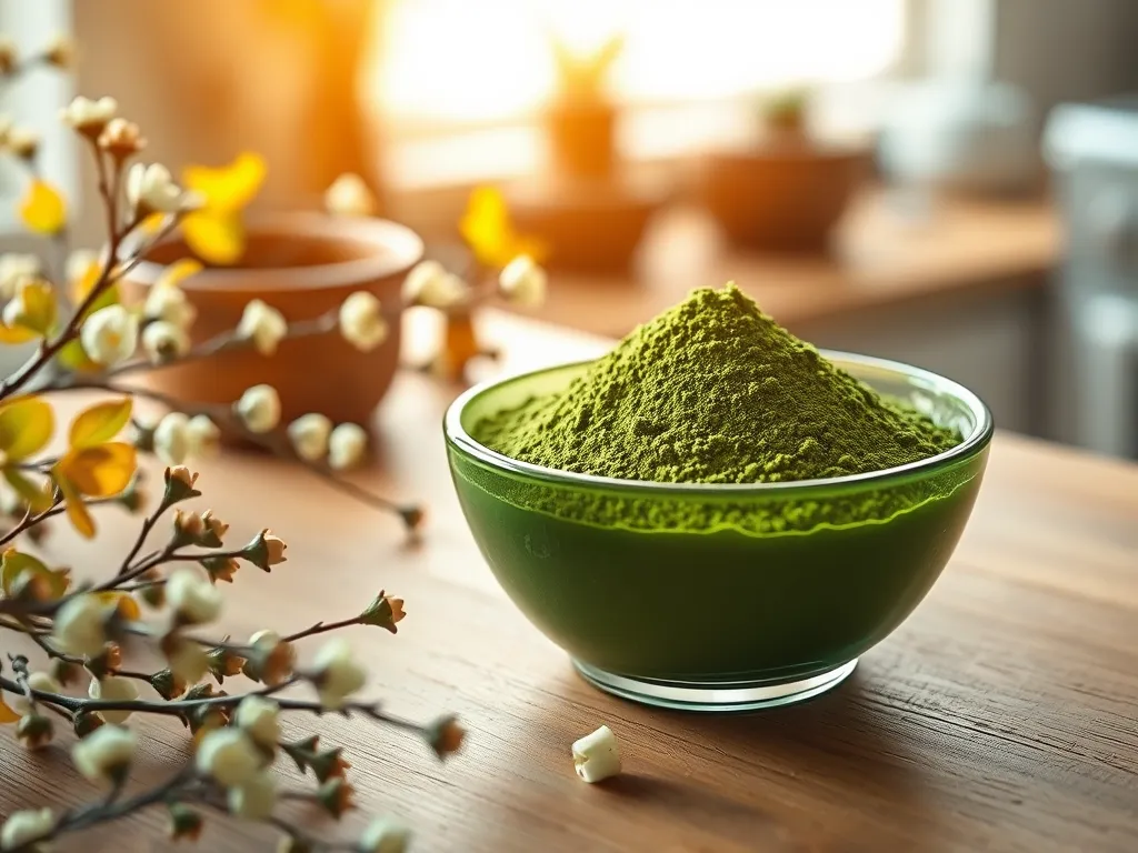 Bowl of matcha powder on a wooden table for DIY face masks.