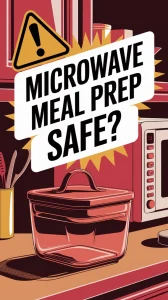 Microwave meal prep glass container with a lid and a warning sign about safety.