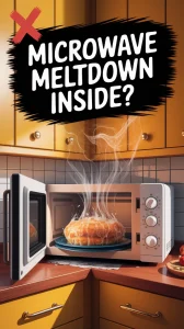 A microwave with steam showing a potential meltdown due to plastic wrap mistake highlighted in the blog article.