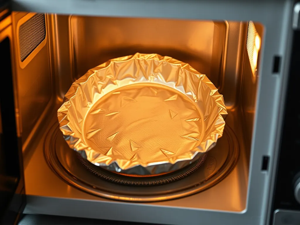 A pie dish with metal marks inside a microwave, illustrating safety concerns.