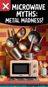 Image depicting various metal cooking utensils and a microwave, discussing the safety of metals in microwaves.