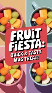 Colorful mixed fruit mug treat prepared in a microwave, perfect for a quick dessert.