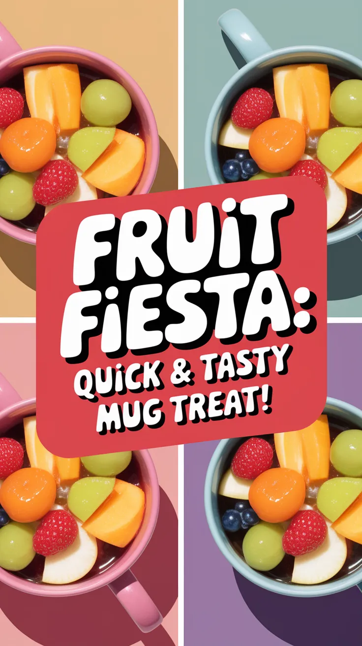 Colorful mixed fruit mug treat prepared in a microwave, perfect for a quick dessert.