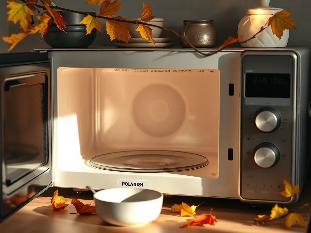 A microwave in a kitchen, potentially attracting mold in damp conditions.