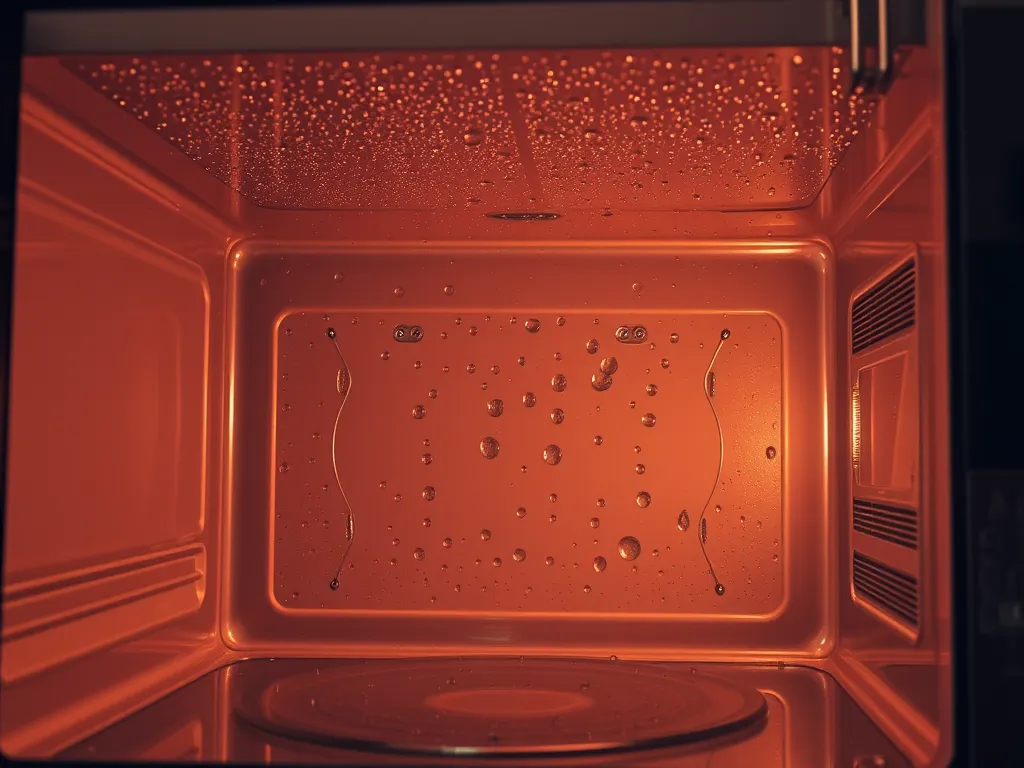 Interior of a microwave showing moisture buildup, highlighting potential mold risk.