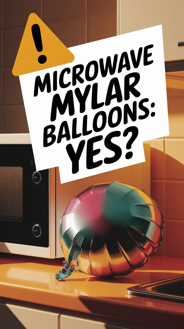 A colorful Mylar balloon next to a microwave, questioning if Mylar balloons can be microwaved.