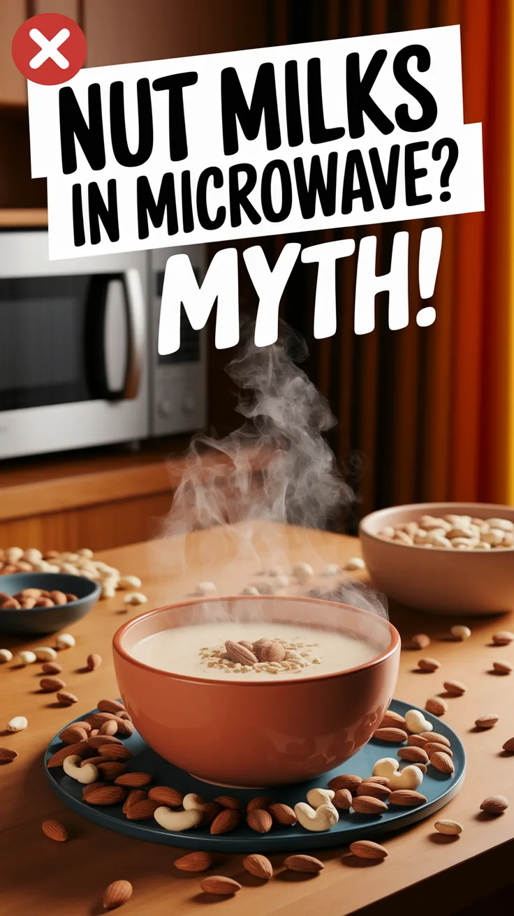A bowl of nut milk steaming, surrounded by nuts, debunking microwave myths.