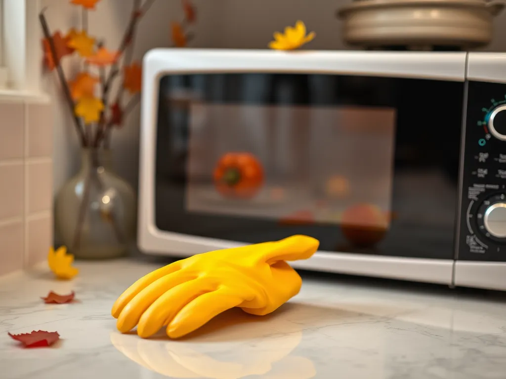 A pair of yellow nitrile gloves placed near a microwave for quick sterilization