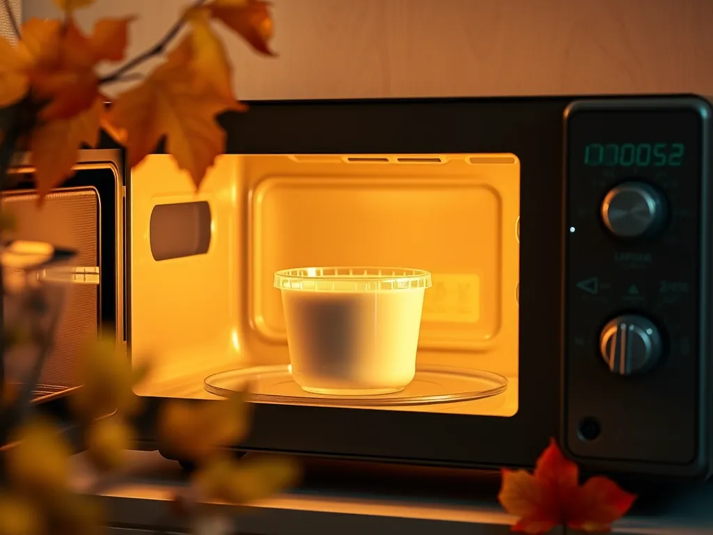 A microwave with a container demonstrating common misconceptions about nut milks.