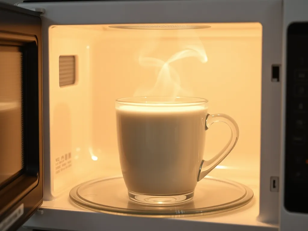 Cup of nut milk heating in microwave, dispelling microwave myths.