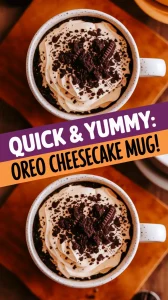 Delicious microwave Oreo cheesecake mug topped with whipped cream and crushed Oreos
