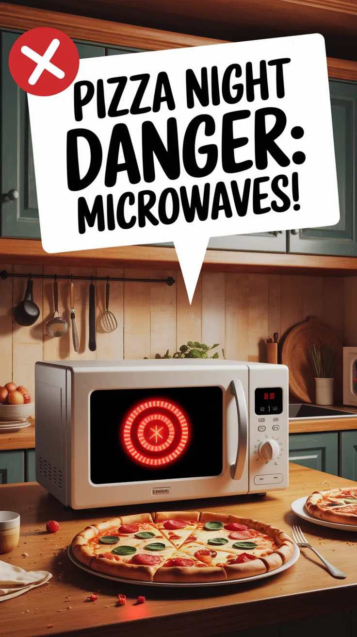 Microwave with pizza and overload warning, highlighting risks to appliances during pizza night.