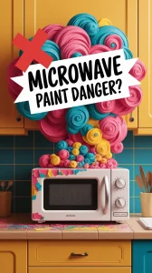 A colorful illustration showing a microwave surrounded by artistic paint swirls, highlighting concerns about microwave paint peeling and toxic fumes.