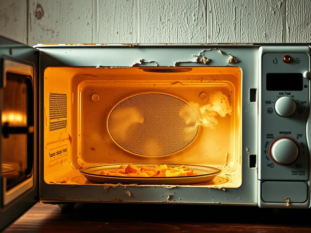 Inside a microwave with peeling paint, highlighting the toxic fume risks.