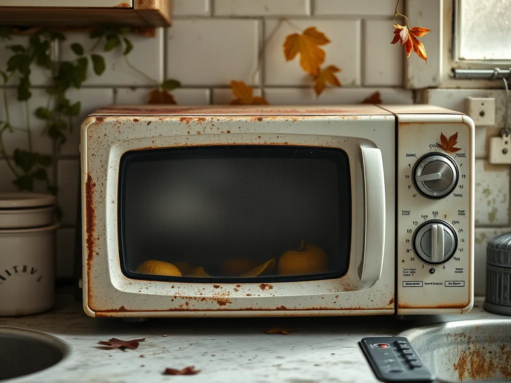 Close-up of a microwave with peeling paint highlighting the risk of toxic fumes.