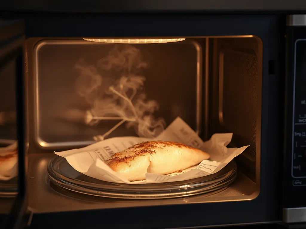 Fish dinner cooking in microwave using parchment packets for zero-cleanup