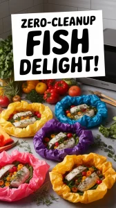 Microwave parchment packets with fish and vegetables for zero-cleanup cooking