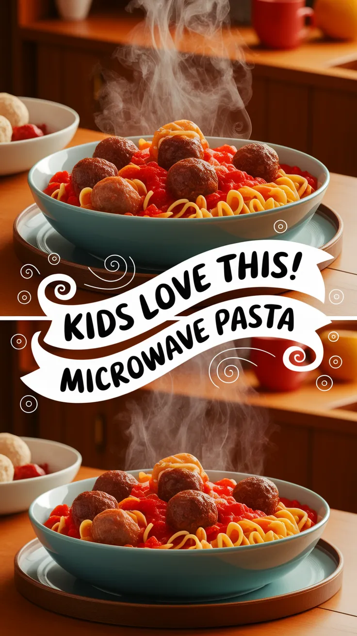 Delicious microwave pasta with meatballs, ideal for quick 2-minute meals.