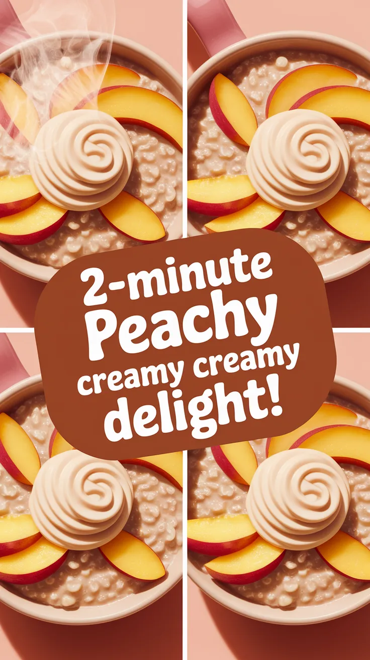 Delicious 2-Minute Microwave Peaches & Cream Oatmeal Mug topped with peaches and whipped cream