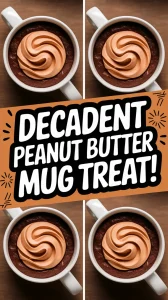 Delicious microwave peanut butter cup mug treat topped with creamy peanut butter swirl.